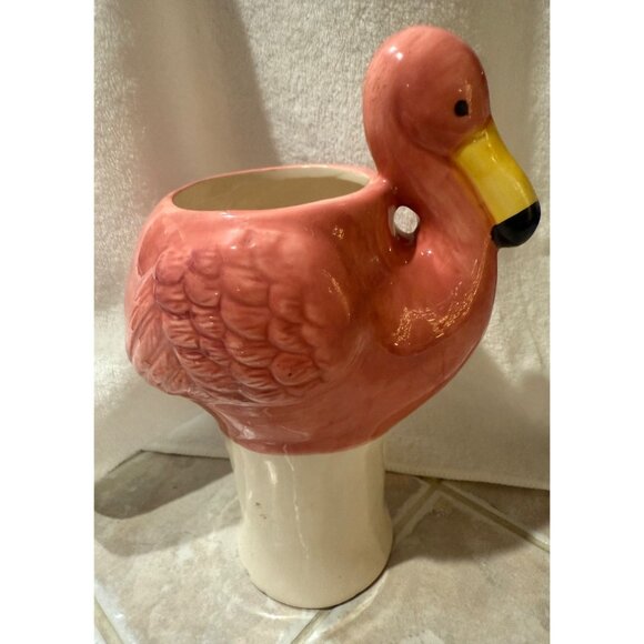 Hand-Painted Ceramic Flamingo Planter Vase Pink & Yellow ; Pretty in Pink Flamin - Picture 2 of 11